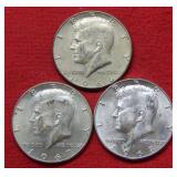 (3) Kennedy 40% Silver Half Dollars 1966-1967-1968