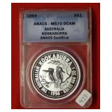 1994 Australia $1 Kookaburra ANACS MS70DCAM 1oz
