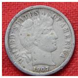 1907 D Barber Silver Dime