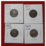 (4) Shield Nickels 1866-1867-1868-1869