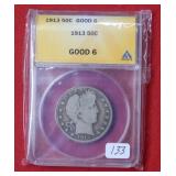 1913 Barber Silver Half Dollar ANACS G6