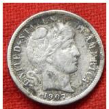 1907 S Barber Silver Dime  -- Grainy