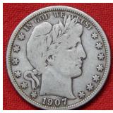 1907 D Barber Silver Half Dollar