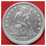 1891 Seated Liberty Silver Quarter  -- Cleaned