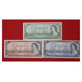 (3) 1954 Canada Notes $1, $2, & $5