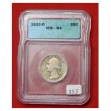 1932 D Washington Silver Quarter ICG G4
