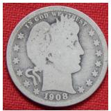 1908 D Barber Silver Quarter