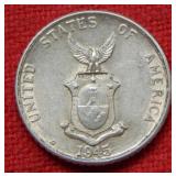 1945 D Philippines Silver 10 Centavos