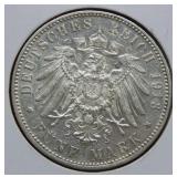1913 F German 5 Mark  Wurttemberg