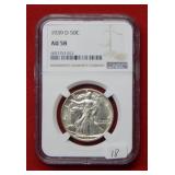 1939D Walking Liberty Silver Half Dollar NGC  AU58