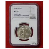 1940S Walking Liberty Silver Half Dollar NGC MS62