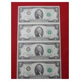 Uncut Sheet of (4) 1976 $2 Federal Reserve Notes