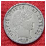 1908 O Barber Silver Dime