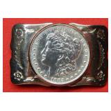 1882 Morgan Silver Dollar on Belt Buckle