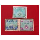 (3) 1944 France Note- 2 Francs- 5 Francs-10 Francs