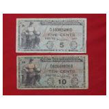 (2) US Military Payment Coupons 5 & 10 Cents