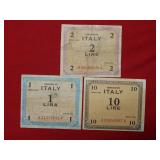 (3) 1943 Italy Notes - 1 Lira - 2 Lira -10 Lira
