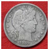 1909 S Barber Silver Half Dollar
