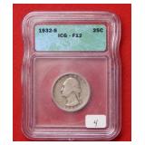 1932S Washington Silver Quarter ICG F12 - Key Date