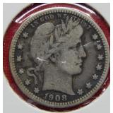 1908 O Barber Silver Quarter