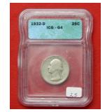 1932D Washington Silver Quarter ICG G4 Key Date