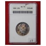 1892 Barber Silver Quarter ANACS AU55