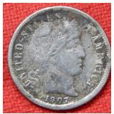 1907 S Barber Silver Dime