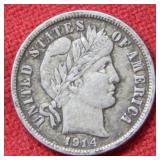 1914 D Barber Silver Dime