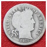 1911 S Barber Silver Dime