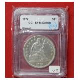 1872 Seated Liberty Silver Dollar ICG EF45 Clean