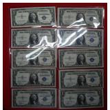 (10) $1 Silver Certificates Mixed Dates