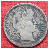 1914 D Barber Silver Dime