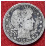 1909 O Barber Silver Quarter