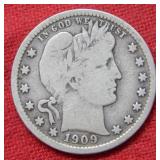 1909 S Barber Silver Quarter