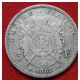1867 France 5 Franc Silver Coin