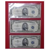 Lot of (3) 1955 $5 US Silver Certificates