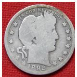1892 S Barber Silver Quarter