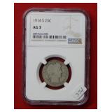1914 S Barber Silver Quarter NGC  AG3