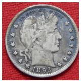 1893 Barber Silver Quarter Coin