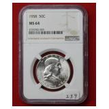 1958 Franklin Silver Half Dollar NGC MS 64