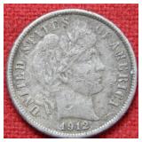 1912 D Barber Silver Dime