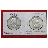 1950 & 1950 D Franklin Silver Half Dollars