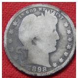 1898 O Barber Silver Quarter