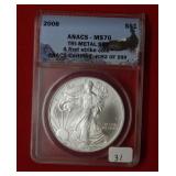 2008 Silver Eagle ANACS MS70 First Strike