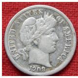 1908 D Barber Silver Dime
