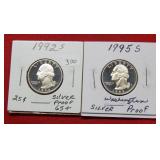 1992 S &1995 S Silver Washington Proof Quarters