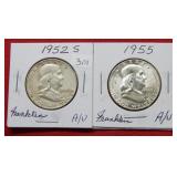 1952 S and 1955 Silver Franklin Half Dollars