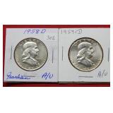 1958 D & 1959 D Franklin Silver Half Dollars