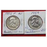 1956 & 1959 Silver Franklin Half Dollars