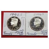 1992 S & 2006 S Silver Proof Kennedy Half Dollars
